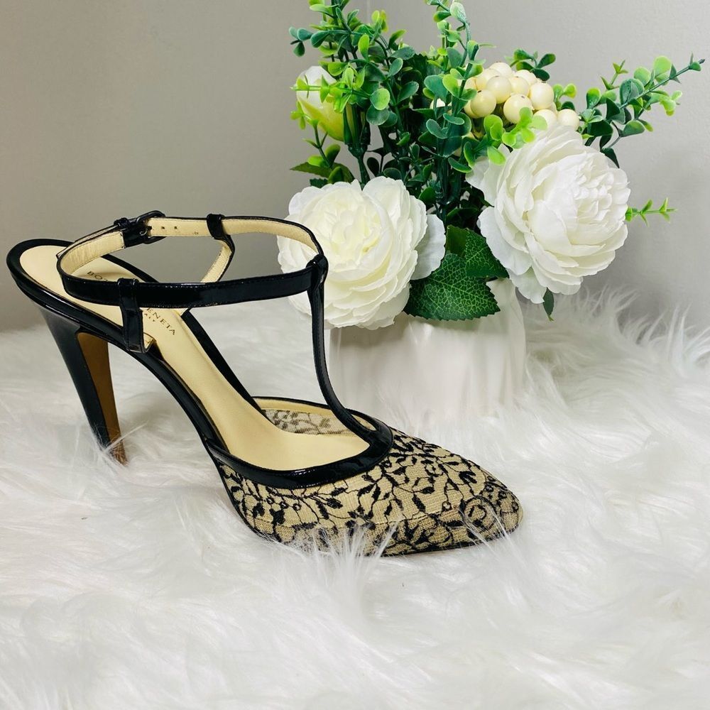 🛍️ Bottega Veneta Authentic Black & Beige Lace “Perfect T” Strap Heels